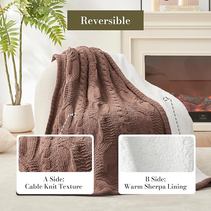 Amélie Home Cable Knit Throw Blanket for Couch, Chenille Sherpa Soft Cozy Throw Blankets for Sofa Chair Comfortable Home, 50"x60", Brown