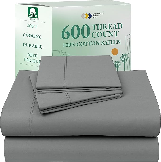 California Design Den Luxury King Size Sheet Set - 100% Cotton, 600 Thread Count Deep Pocket King Sheets, Hotel-Quality Bedding with Sateen Weave - Mist Grey