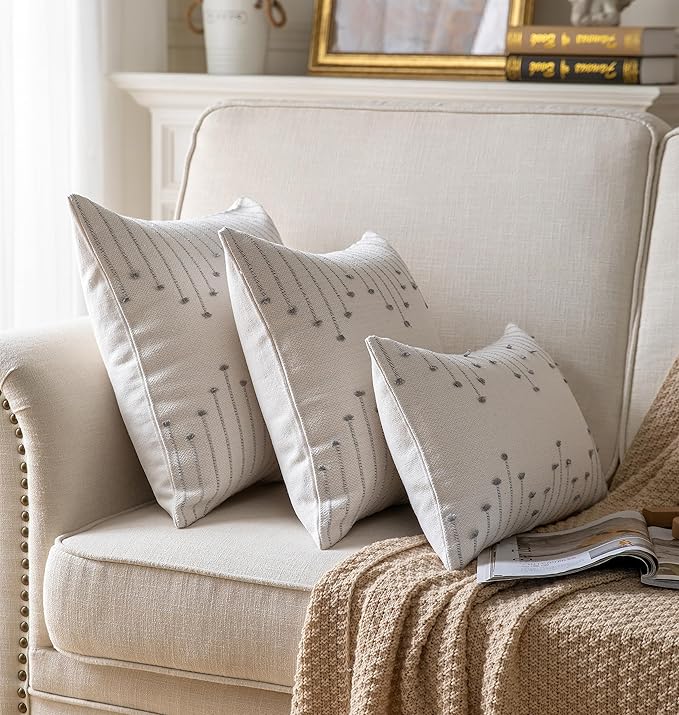 Caflife Boho Throw Pillow Covers 12x20 Set of 2 Decorative Pillows for Bed and Sofa, Beige with Grey Line Throw Pillows for Modern Farmhouse Couch Living Room