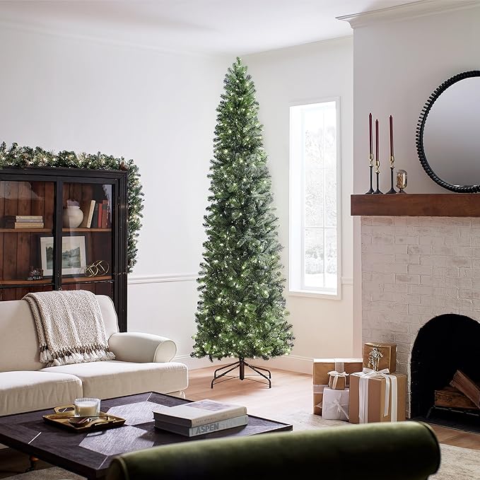National Tree Company 9 ft Pre-Lit Downswept Douglas Fir Slim Artificial Christmas Tree,500 LED Lights, 1,090 Tips, Foot Pedal, 10 Light Functions, Includes Stand, Green