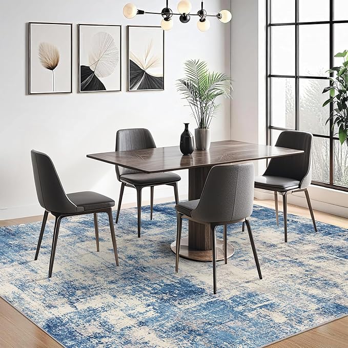 5x7 Modern Abstract Rug Washable Area Rugs for Living Room Bedroom Dining Room Non-Slip Low Pile Neutral Large Rug Soft Indoor Floor Carpet, Blue