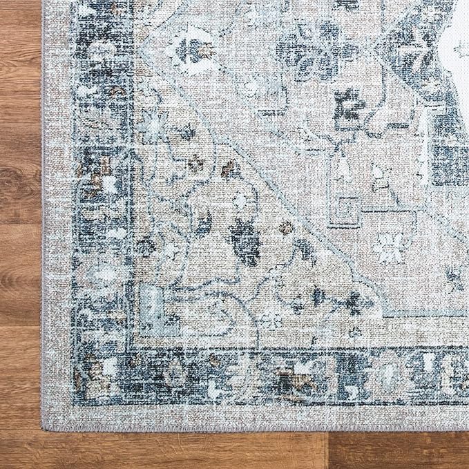 Bloom Rugs Washable Non-Slip 10 ft Runner - Pebble Gray/Blue Traditional Medallion Runner for Entryway, Hallway, Bathroom, and Kitchen - Exact Size: 2.5' x 10'