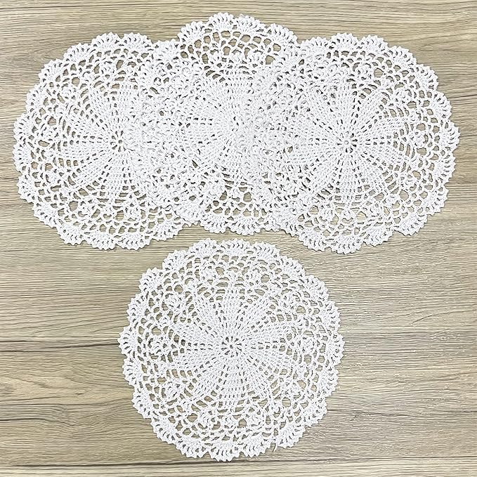 PHANTOMON Crochet Doilies Handmade Round Cotton Lace Table Placemats Knitted Tablecloth, Star Pattern Rippled Edge, Pack of 4 (10 Inch, White)