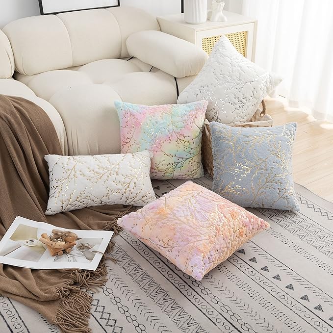 LIGICKY Set of 2 Decorative Lumbar Pillows Fluffy White Fur Pillow Coves Gold Branches Glitter Throw Pillows Soft Furry Sparkling Rectangle Cushion Cases for Sofa Bedroom Party Décor 12x20inch