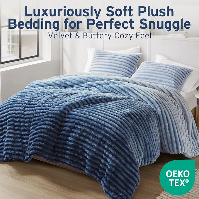 Intelligent Design King Comforter Set, Plush Bedding, Microfiber Reverse, 3 Piece, Lightweight, Super Soft Ribbed Velvet Comforter 2 Shams, All Season Fluffy Bed Set, Avril, King/Cal King Blue Ombre
