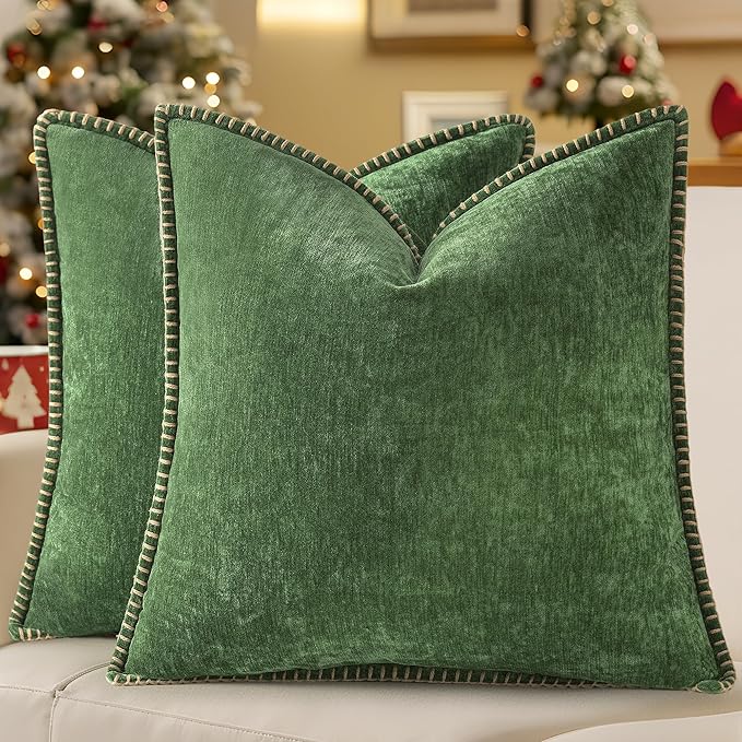 decorUhome Christmas Chenille Soft Throw Pillow Covers 18x18 Set of 2, Farmhouse Velvet Neutral Decorative Euro Fall Pillow Covers with Stitched Edge for Couch Sofa Bed Home Decor, Forest Elf