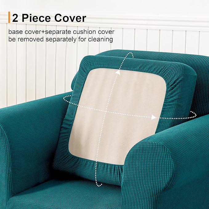 SUBRTEX Stretch Chair Covers 2 Piece 1 Seater Armchair Couch Sofa Cover Washable Furniture Protector with Elastic Bottom for Kids, Pets(Teal,Armchair)