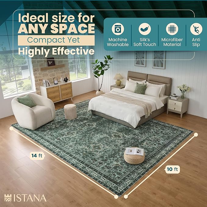 Istana Living Room Rug 10x14 - Dark Green 10 x 14 Area Rug - Foldable Machine Washable Area Rugs 10x14 - Stylish 10x14 Area Rugs Boho - Stain Resistant Washable Rug 10x14