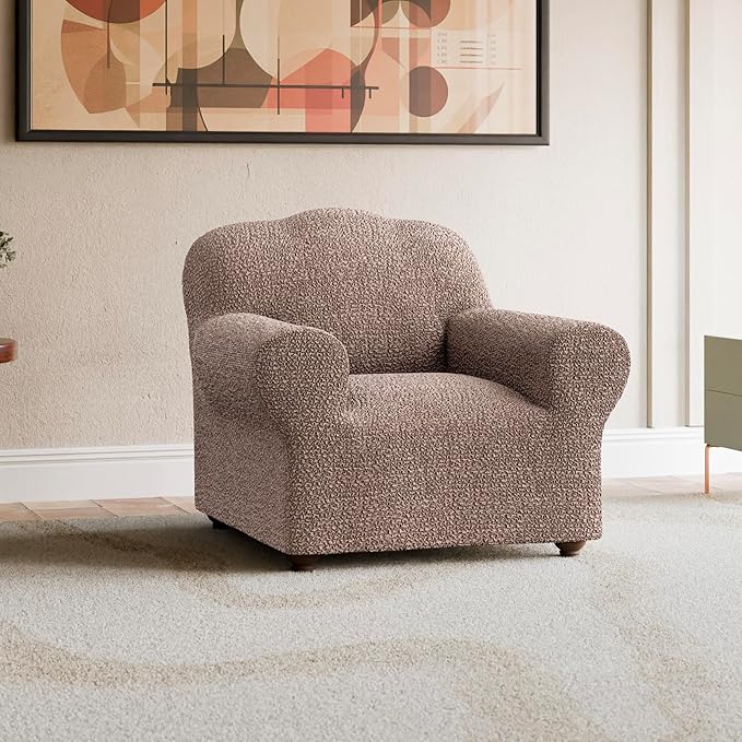 PAULATO BY GA.I.CO. Chair Cover - Armchair Cover - Armchair Slipcover - Cotton Fabric Slipcover - 1-Piece Form Fit Stretch Stylish Furniture Protector - Mille Righe Collection - Camel (Chair)