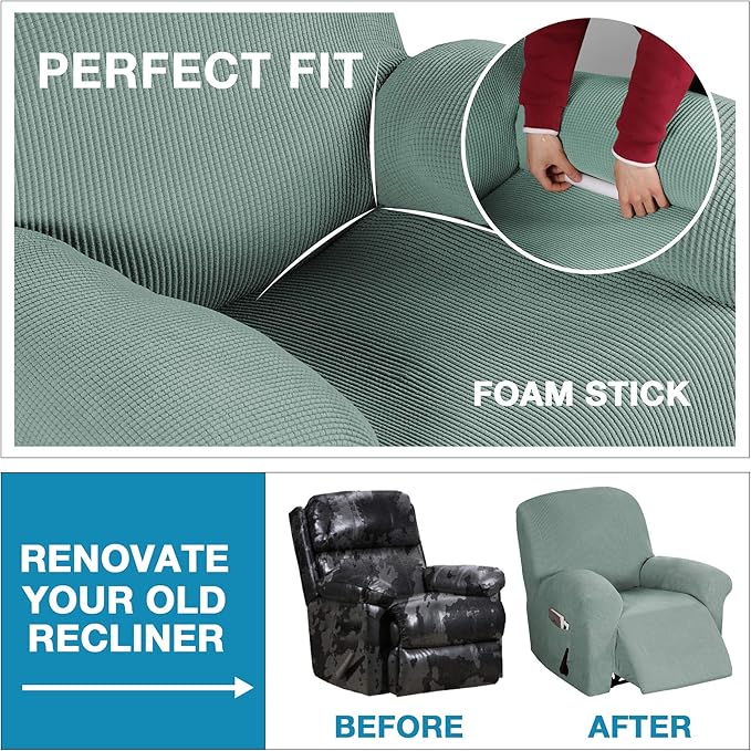 Flamingo P Stretch Recliner Chair Cover Recliner Cover for Electric/Manual Style | Furniture Cover for Reclining with Side Pocket, Soft Checked Jacquard Fabric Form Fitted Standard/Oversized - Sage