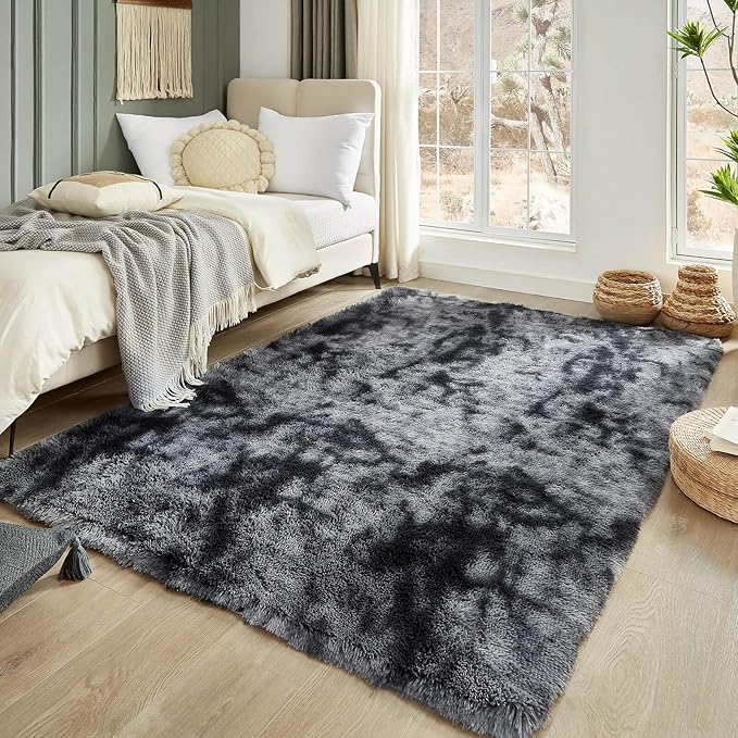 Floralux Shag Rug 5x7 for Living Room, Tie-Dyed Dark Grey, Soft Fluffy Area Rug, High-Pile Plush Indoor Carpets for Bedroom, Playroom, Nursery, Home Decor