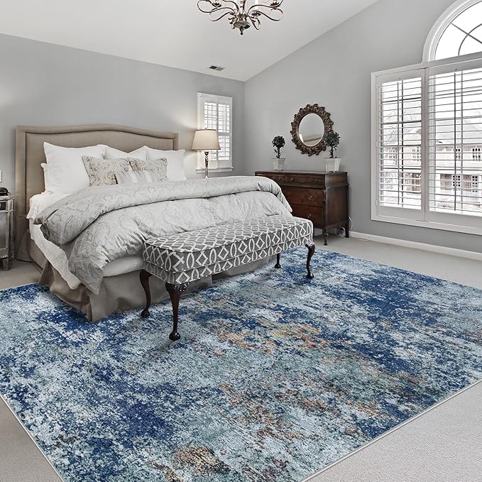 Area Rug Living Room Rugs: 5x7 Rug for Bedroom Machine Washable with Non Slip Backing Non Shedding Abstract Stain Resistant Large Carpet for Dining Room Nursery Home Office - Blue