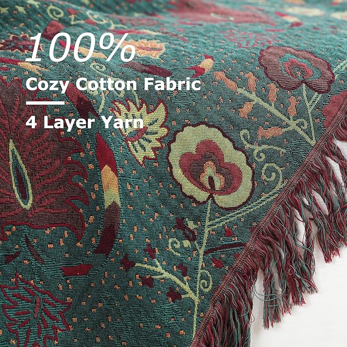 Boho Throw Blanket for Bed 100% Cotton Ultra Soft Rustic Quilt Farmhouse Decor Bed Fall Blanket,All Season Rustic Throw for Sofa Couch Chair (Flower-Dark Green, 90"×98")