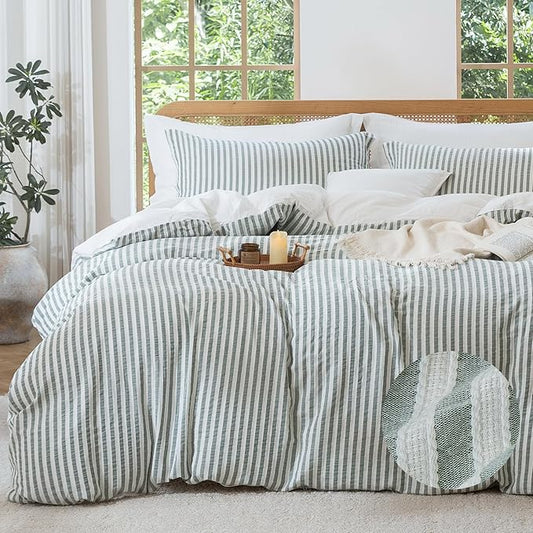 MILDLY Jacquard Stripe Duvet Cover - Sage Green 100% Washed Cotton Boho Textured Comforter Cover 3pcs with Zipper Closure 104"x90"