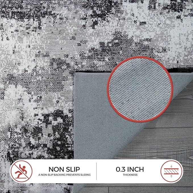 Non Slip Rugs 2x7 Modern Abstract Easy Silk Rubber Backing Soft Runner Rug for Hallways Easy to Clean Non Shedding Kitchen for Laundry Room Indoor Area Carpet (Gray - Black, 2x7)