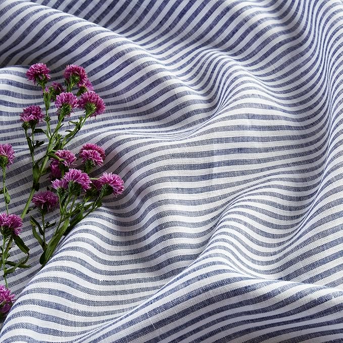 Solino Home Linen Tablecloth 60 x 90 Inch - Narrow Stripe 100% Pure Linen Navy and White Table Cloth for Rectangle Tables - Machine Washable Tablecloth for Autumn, Thanksgiving, Christmas, Winter