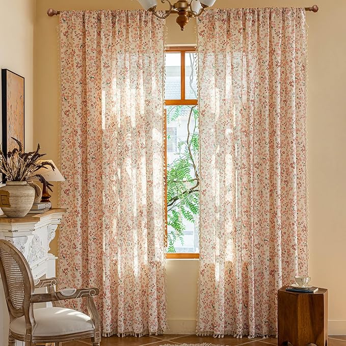 OYX Pink Boho Farmhouse Floral Curtains 96 Inch Long 2 Panels For Living Room, Flower Girl Bedroom Light Filtering Drapes, Vintage Country French Patterned Rod Pocket Aesthetic Decor Window Treatments