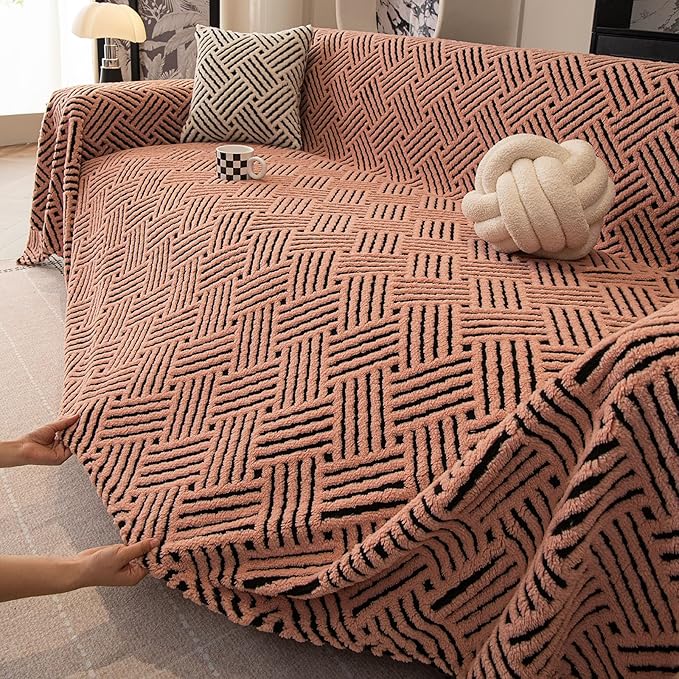 ROOMLIFE Striped Boho Pink Couch Cover for 2-3 Cushion Sofa, Fuzzy Plush Warm Sofa Slipcovers Sectional Sofas Covers, Non Slip Washable Furniture Protector Soft with Tassel,Winter 71''X134”