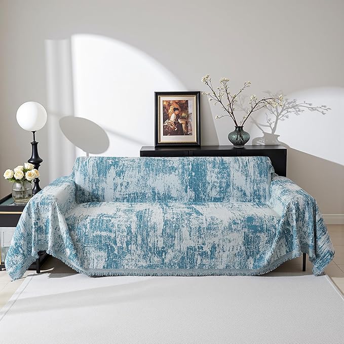 MEETSKY Boho Couch Cover for Dogs Washable Blue Abstract Couch Sofa Protector for Love seat Sofa Pets Friendly, Chenille Geometric Sofa Covers Soft Durable Modern Sofa Slipcovers, 71" X102"