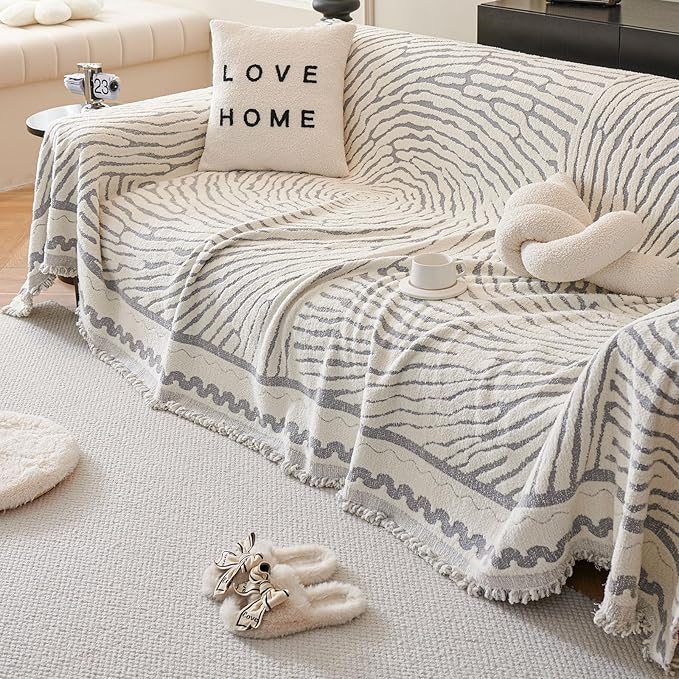 ROOMLIFE Thicked Striped Couch Cover with Tassel Gray Chenille Sofa Cover Blanket for Sectional Sofa, Soft Sofa Slipcovers for L Shaped Love Seat 2-3 Cushion Couch Anti Slip Sofa Protector, 71"x134"