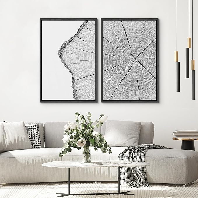 SIGNWIN Framed Canvas Print Wall Art Set Wood Grain Cross Section Minimalist Tree Ring Line Zen Bohemian for Living Room, Bedroom, Office - 16"x24"x2 BLACK