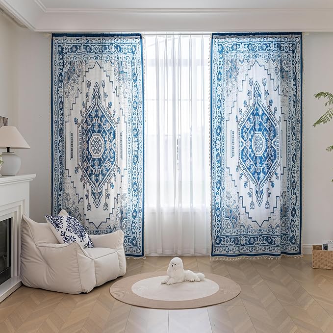 Popular Handicrafts Printed Curtains for Living Room 54 Inches Long Indian Hippie Bohemian Curtains Rod Pocket Light Filtering 2 Panels, Blue/White