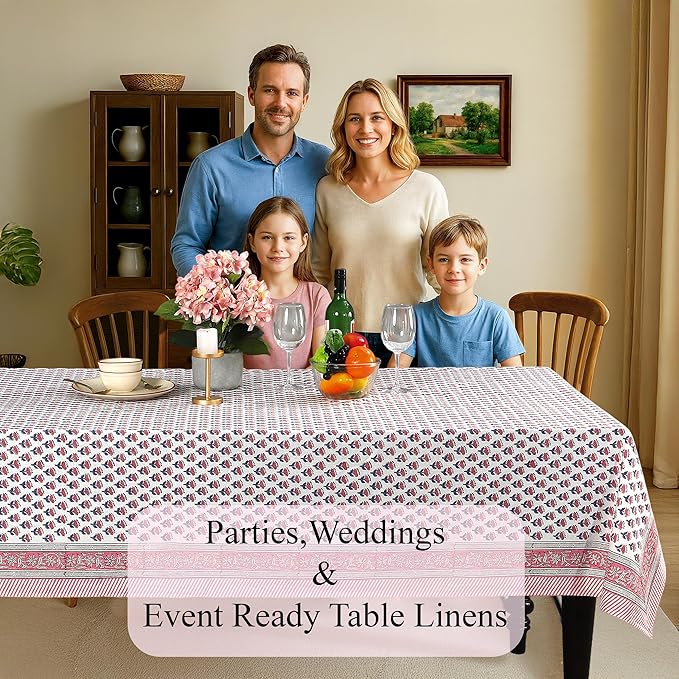 CPC Tablecloth 100% Cotton 60x60 Inch Indian Block Print Square Table Cover, Table Cloth for Weddings, Spring/Summer, Barbeque - Pink Sapphire
