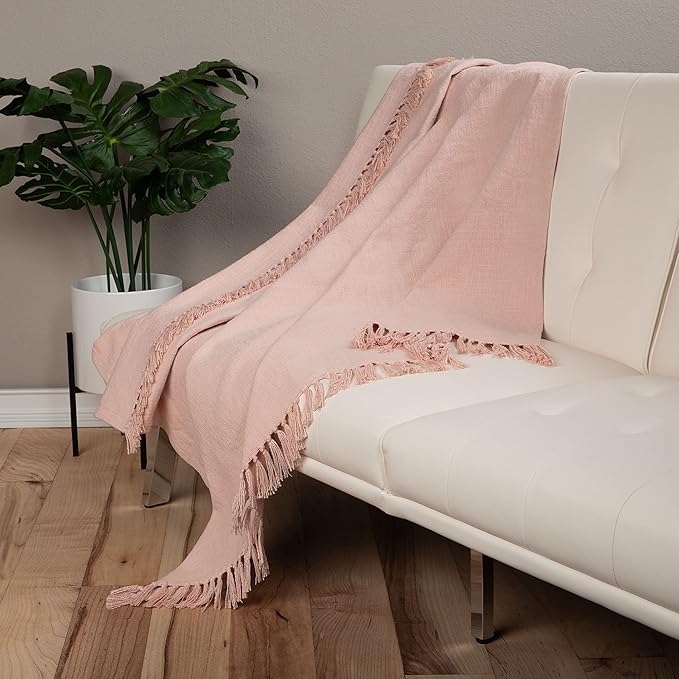 Sticky Toffee Woven Cotton Throw Blanket 60x50 in – Blush Pink Textured Blanket with Fringe for Couch or Bed, Thick and Durable, Boho Decorative Style
