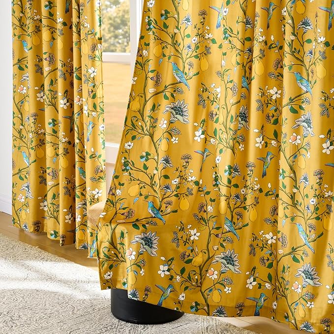 Mustard Yellow Luxury Velvet Floral Curtains 84 inches for Living Room,Vintage Victorian Botanical Blackout Curtain Drapes,2 Panels Mid Century Art Deco Bird Flower Window Curtains for Bedroom