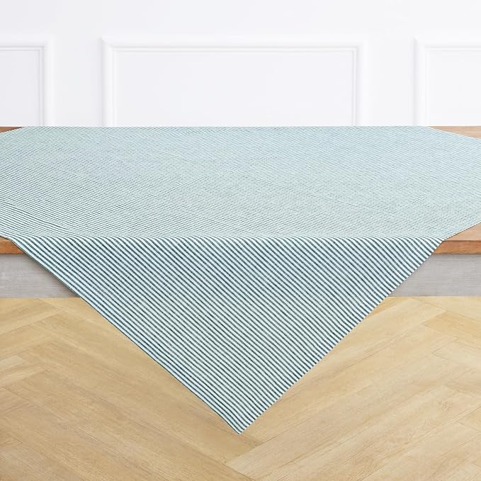 Solino Home Linen Square Tablecloth 52 x 52 Inch - Narrow Stripe, 100% Pure Linen Rainforest and White Table Throw - Machine Washable Tablecloth for Christmas