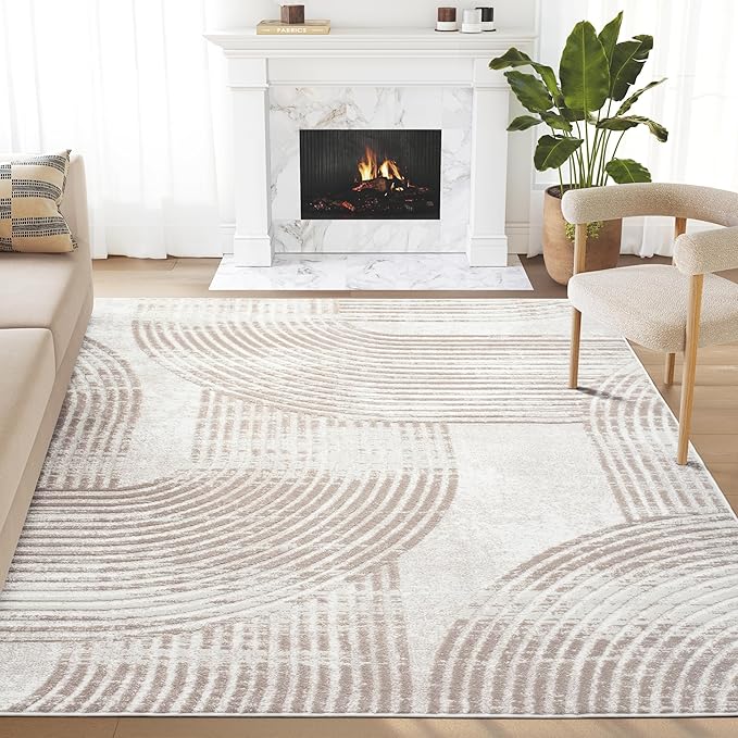 Abani Cream Area Rug for Living Room, Bedroom -Mid-Century Modern- 4' x 6' -Durable & Easy to Clean