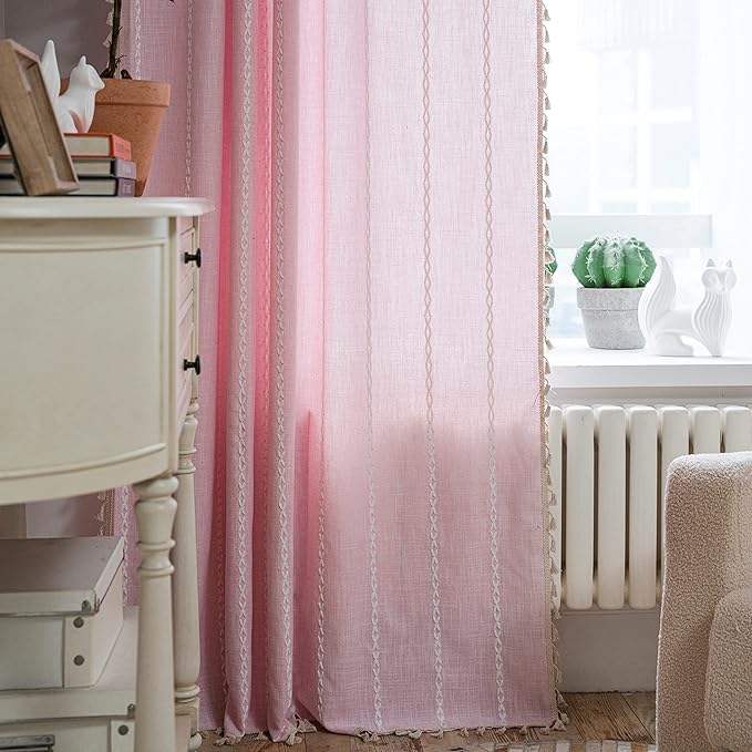 Sutuo Home Boho Curtain for Bedroom 84 Inch Length, Light Filtering Farmhouse Shabby Chic Tassels Window Treatment Bohemian Embroidery Drape, Rod Pocket 1 Panel 52" W x 84" L, Pink