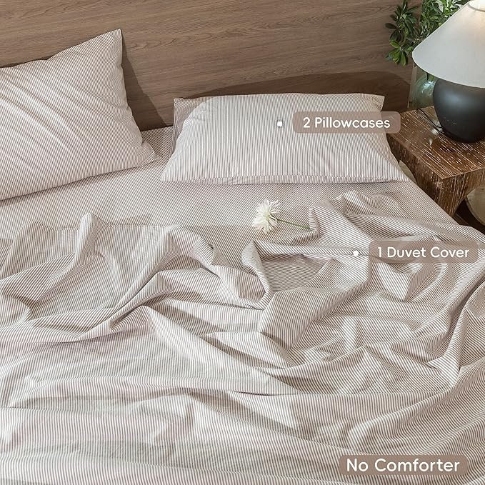 MooMee Striped Duvet Cover Set 100% Washed Cotton Linen Like Textured Breathable Durable Soft Comfy (Orange Pinstripes, Oversized Queen 98"x98")