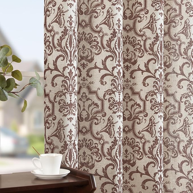 jinchan Linen Curtains for Living Room & Bedroom - Brown Damask Patterned Curtains, 96 Inches Long, Light Filtering, Vintage Baroque Style Drapes with Grommet Window Treatments - 2 Panels Set