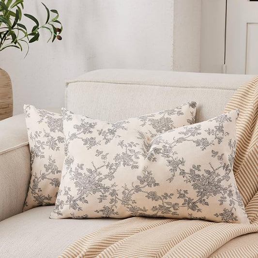 100% Cotton French Pastoral Lumbar Throw Pillow Covers Set of 2, 12x20 Inch Black Farmhouse Decorative Cushion Covers for Sofa Bed Living Room Home Decor