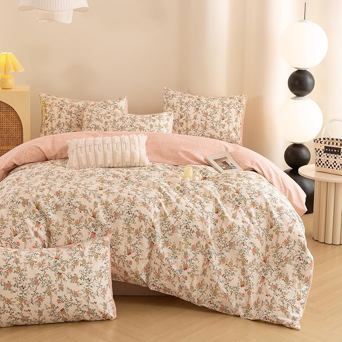 ECOCOTT Reversible Floral Duvet Cover King Size – 3 Piece 100% Washed Cotton Bedding Set, Soft Breathable Comforter Cover with Zipper Closure & Corner Ties