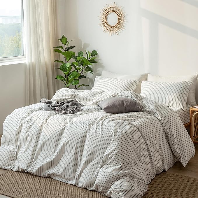 MooMee Striped Duvet Cover Set 100% Washed Cotton Linen Like Textured Breathable Durable Soft Comfy (White Dark Grey Wide Stripes, Oversized King Plus 128"x120")