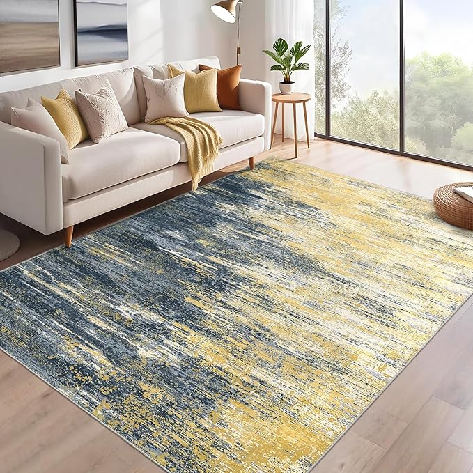 Washable Rug 5x7 Abstract Area Rug for Living Room, Non Slip Foldable Soft Rugs for Bedroom, Stain Resistant Rugs Modern Fuzzy Rug, Indoor Carpet for Entryway Home, Yellow/Black