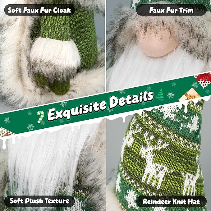 Gnome Christmas Decorations - Plush Nordic Figurine with Green Reindeer Knit Hat & Faux Fur Cloak, Rustic Tabletop Holiday Gnome Decor for Mantel, Shelf, or Gift Idea
