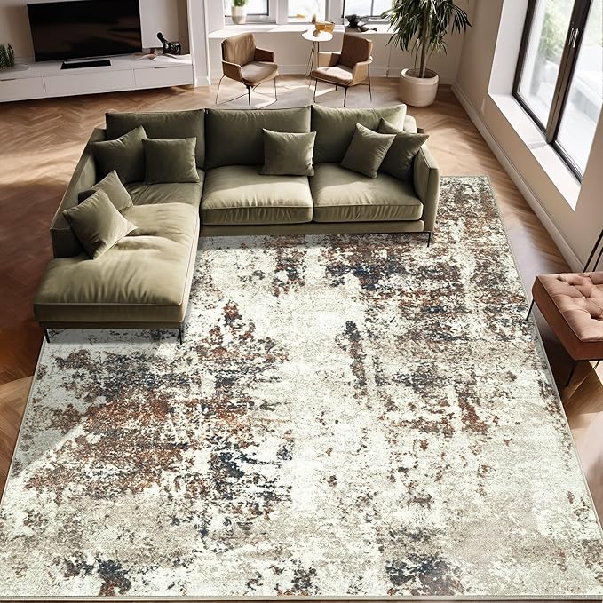 Living Room Rug 10x14 Rug, Machine Washable Modern Abstract Rug Soft Neutral Area Rug Non-Slip Stain Resistant Large Rugs for Living Room Dining Room Bedroom Dorm Office(Brown,10'x14')