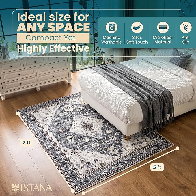 Istana Rugs 5x7 - Dark Grey Blue/Rose Mauve Rug - Foldable 5x7 Area Rugs Non Slip - Non Shedding Area Rugs - Washable 5 x 7 Rugs w/Soft Microfiber - Eco Friendly Materials Area Rug