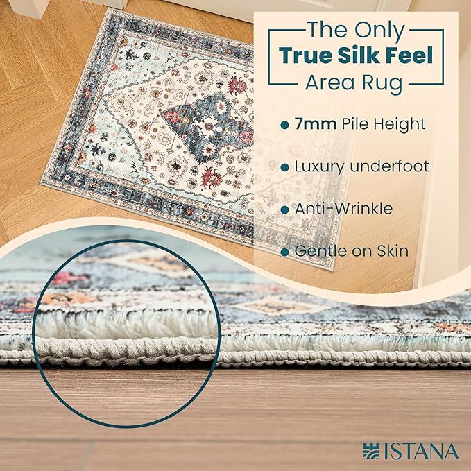 Istana 2 X 3 Area Rugs Indoor - White Cream/Blue Rugs for Bedroom - Foldable Boho Rugs for Living Room - 2x3 Area Rug - Anti-Slip Under Dining Table Rug - 2x3 Non Slip Rug W/Soft Microfiber