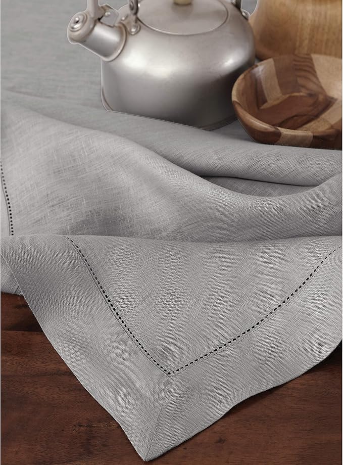Solino Home Soft Grey Linen Tablecloth 60 x 120 Inch - 100% Pure Linen Hemstitch Table Cloth for Rectangle Tables - Classic Hemstitch, Machine Washable Tablecloth for Thanksgiving, Christmas, Winter