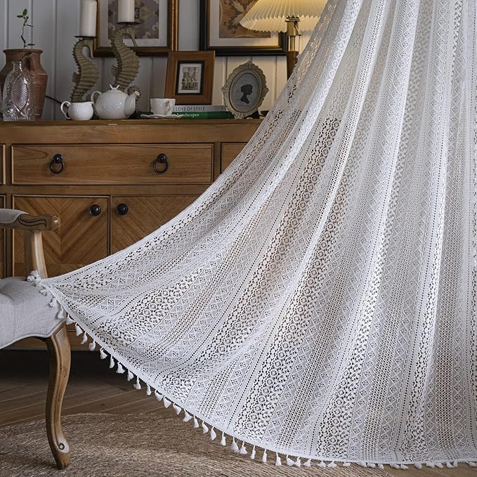 Sutuo Home Boho Curtains 120 inches for Bedroom Living Room Patio Doorway, Crochet Lace Sheer Bohemian Extra Long with Tassels,Window Treatment Drape, Single 1 Panel 59" W x 120" L, White