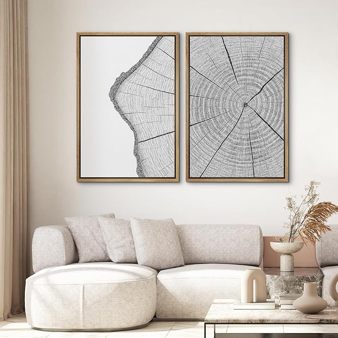 SIGNWIN Framed Canvas Print Wall Art Set Wood Grain Cross Section Minimalist Tree Ring Line Zen Bohemian for Living Room, Bedroom, Office - 16"x24"x2 NATURAL