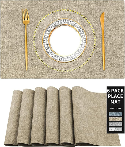 Faux Leather Placemats Set of 6 – Heat Resistant Table Mats Set of 6 Waterproof Wipeable Dining Fall Place Mats for Indoor & Outdoor, Easy to Clean - Khaki