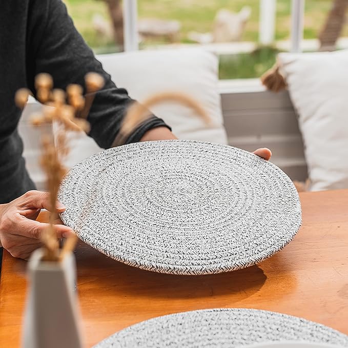 Art PineCone's Woven Cotton Rope Round Placemats Set of 4 with Holder Included, Non-Slip, and Heat Resistant Shabby Chic Placemats (Heather Gray, 13 inch Plus Coaster)