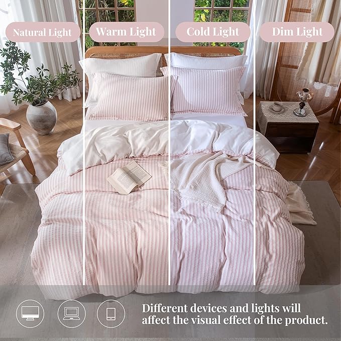 MILDLY Pink Striped Duvet Cover - 100% Washed Cotton Jacquard Boho Textured Comforter Cover 3pcs with Corner Ties Zipper Closure 80"x90"