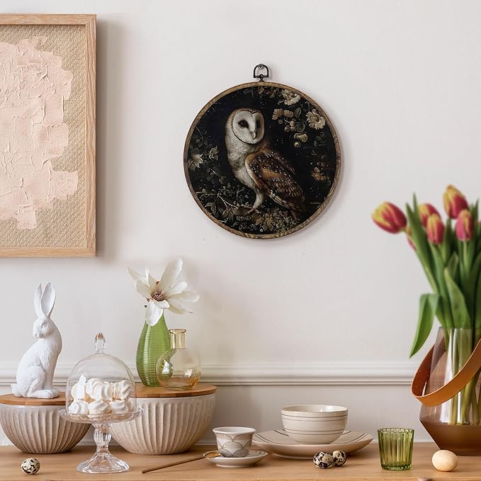KFXHANGD Gothic Owl Round Wall Art Framed, Dark Cottagecore Owls Canvas Wall Art Decor, Witchy Owls Floral Hanging Decor for Bedroom Bathroom Living Room, Owl Lover Gifts, 10x10inch