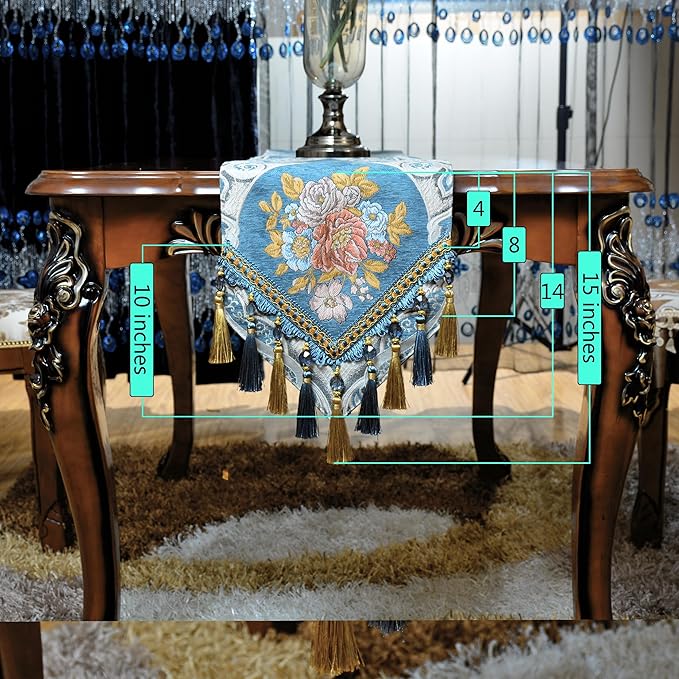 Extra Luxury Velvet Blue Table Runner 120 Inches Long with Vintage Damask Jacquard Design for Dining Room,Living Room,Home Decor,Elegant Beaded Tapestry (N-Blue, 13×120 inch)